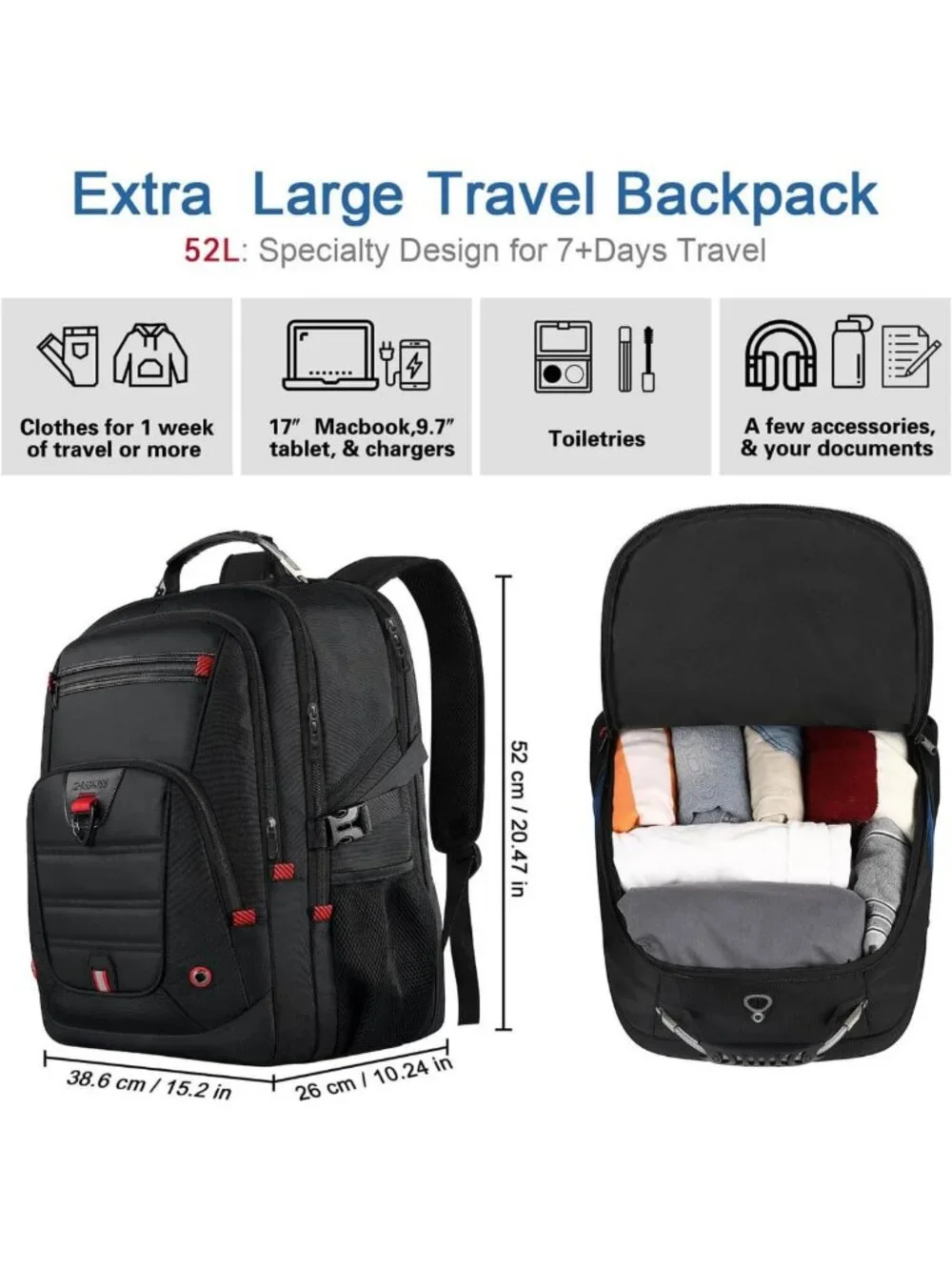 Extra Large 52L Travel Backpack - Durable, Anti-Theft, Water Resistant Rucksack